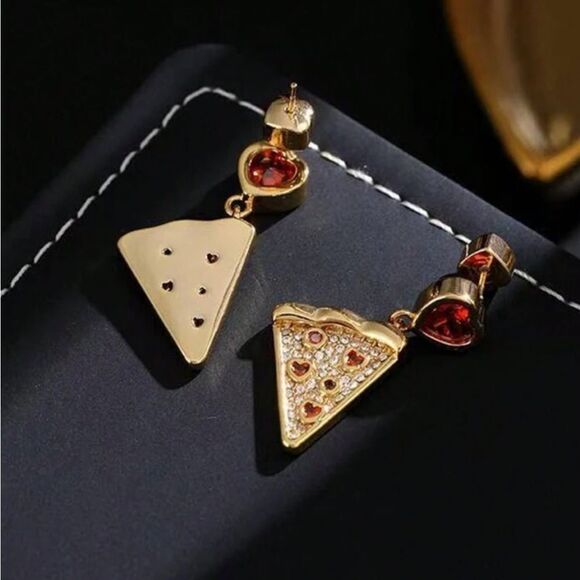 Gold and Red Heart Pizza Earrings - Picture 6 of 11